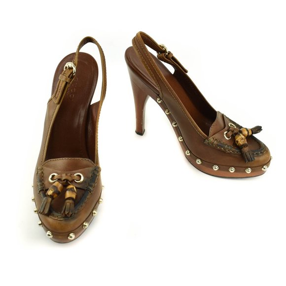 GUCCI Antique Brown Leather Bamboo Horsebit Heels - Picture 1 of 12